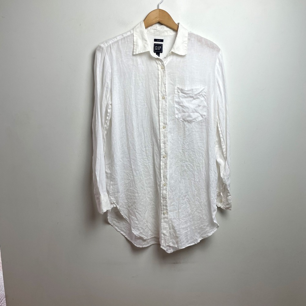 GAP White Linen Button Down Shirt Long Sleeve Small Minimalist Coastal Layering